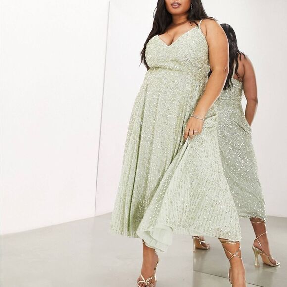 ASOS Edition Curve Sequin Embellished Cami Midi Dress in Sage Green Size US 14 - Picture 5 of 5